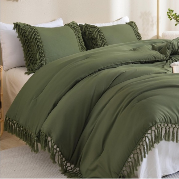 Olive green bohemian tassel comforter set 3 pcs king queen - Picture 2 of 8
